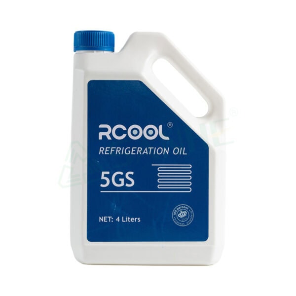 RCOOL refrigeration oil 5GS in a white plastic container with blue label and cap, suitable for HVAC systems.